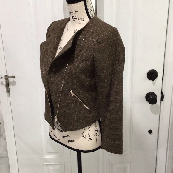 🆕H&M Olive Tweed Zip Front Top Blazer Long Sleeves Size S P2P 17” - Picture 3 of 12